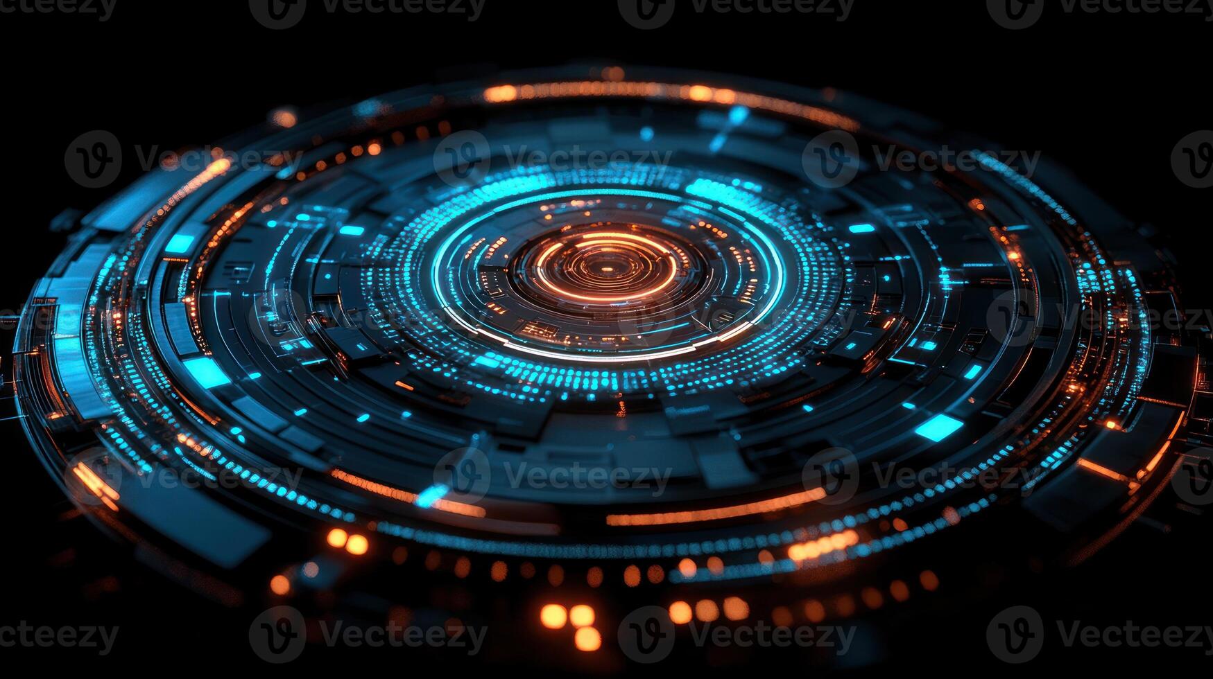 A complex arrangement of glowing blue and orange lines forming circular shapes against a dark backdrop photo