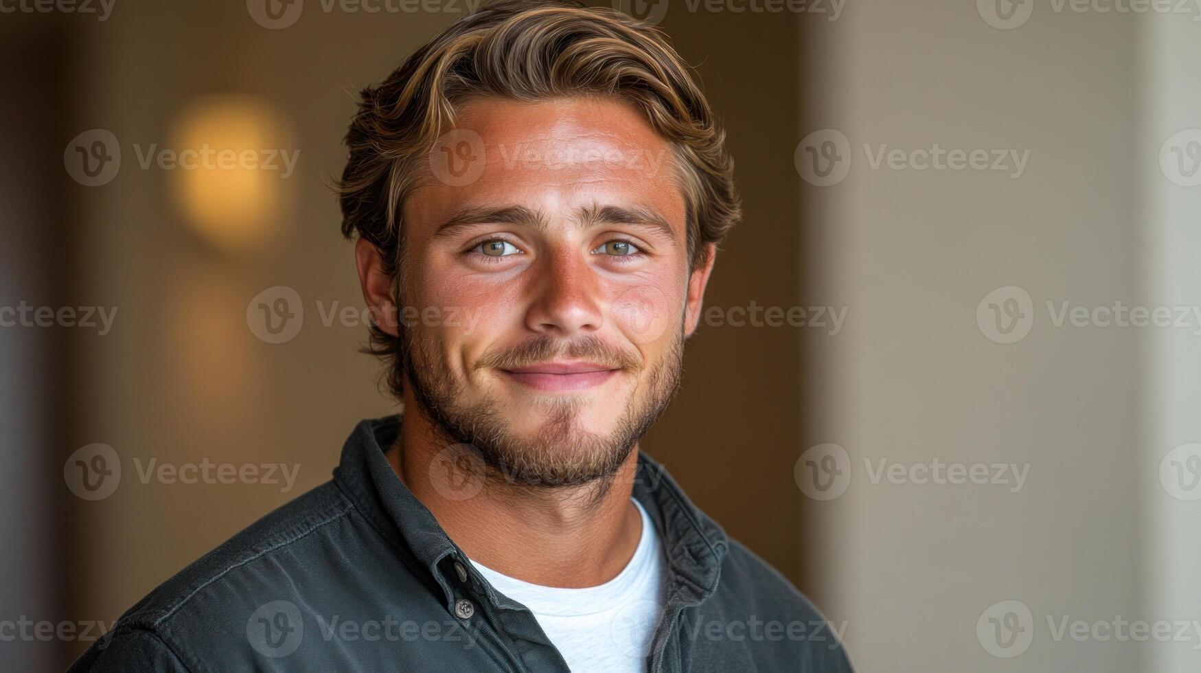 Portrait of a cheerful young man with stylish hair smiling warmly in an indoor setting photo