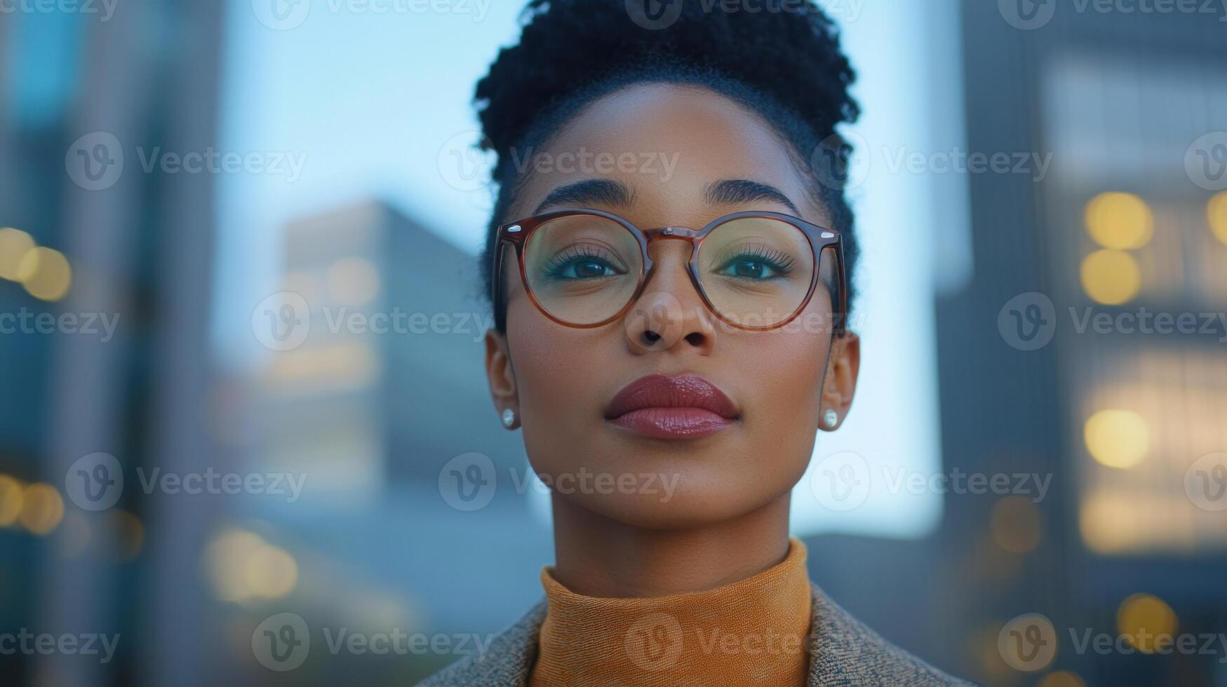 A confident woman with curly hair and glasses poses outdoors as the city skyline glows in warm light photo
