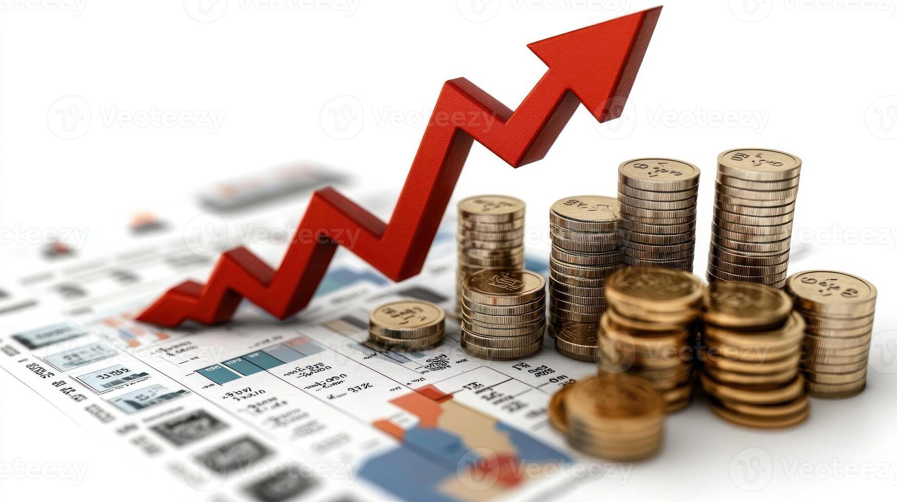 A rising arrow indicates financial growth with coins and charts in the background showcasing trends photo