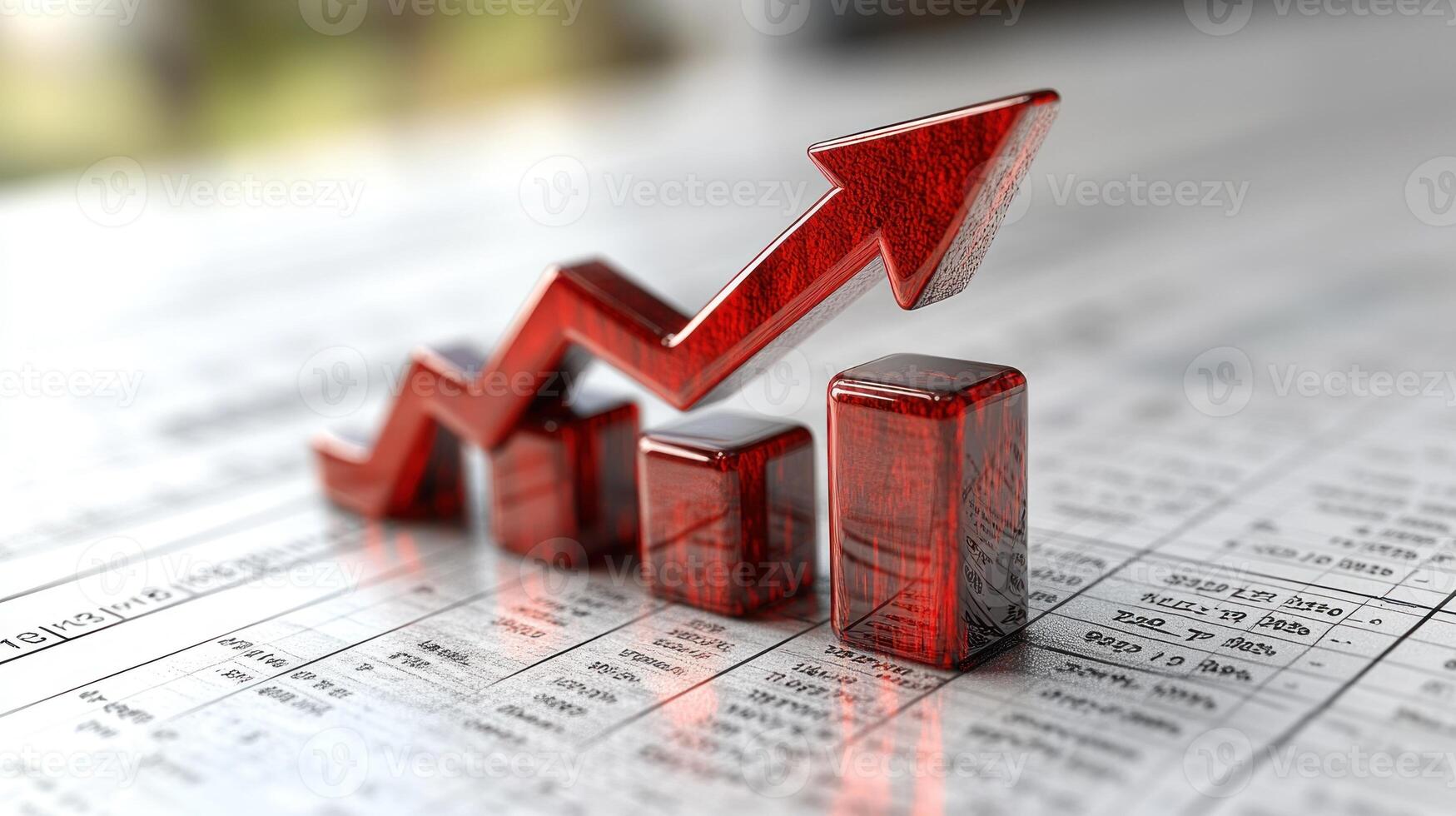 A red bar graph highlighting positive growth trends against a financial report filled with numbers photo