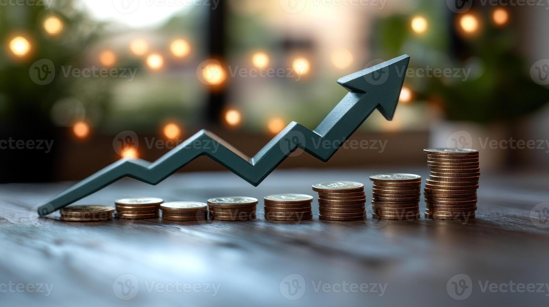Coins stacked in a row with a graph indicating upward growth in a cozy atmosphere photo