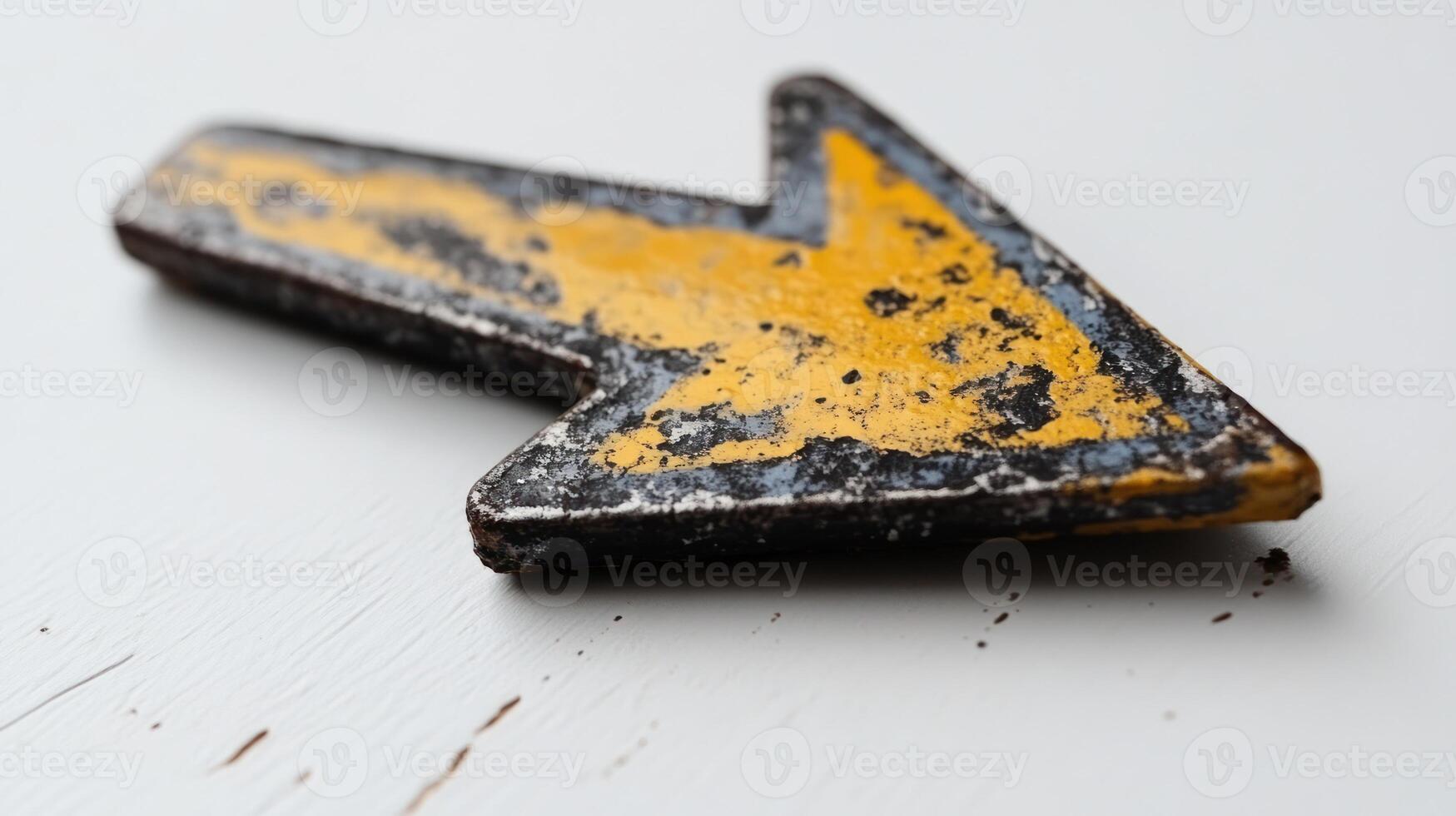 Worn arrow sign indicates direction on a faded white surface during daytime photo