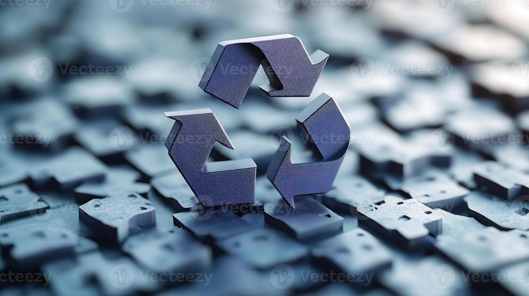 Metal recycling symbol is prominently displayed among scattered letters on a creative work surface photo