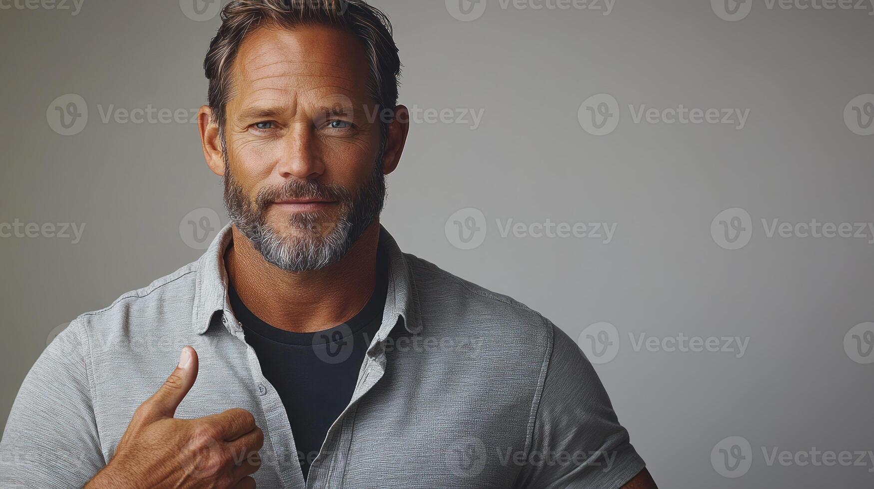 Man with a beard smiles and gives a thumbs up in a neutral studio environment, exuding positivity photo