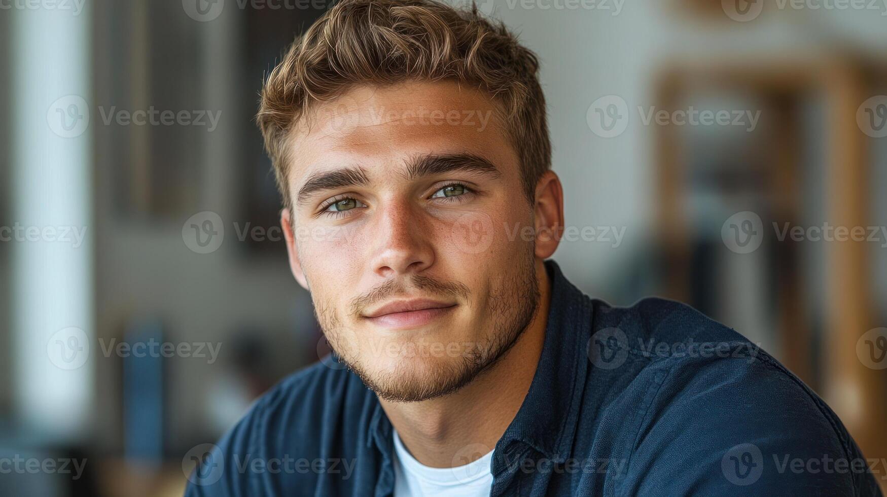 A cheerful young man sits in a cafe, enjoying the warm atmosphere and natural light photo