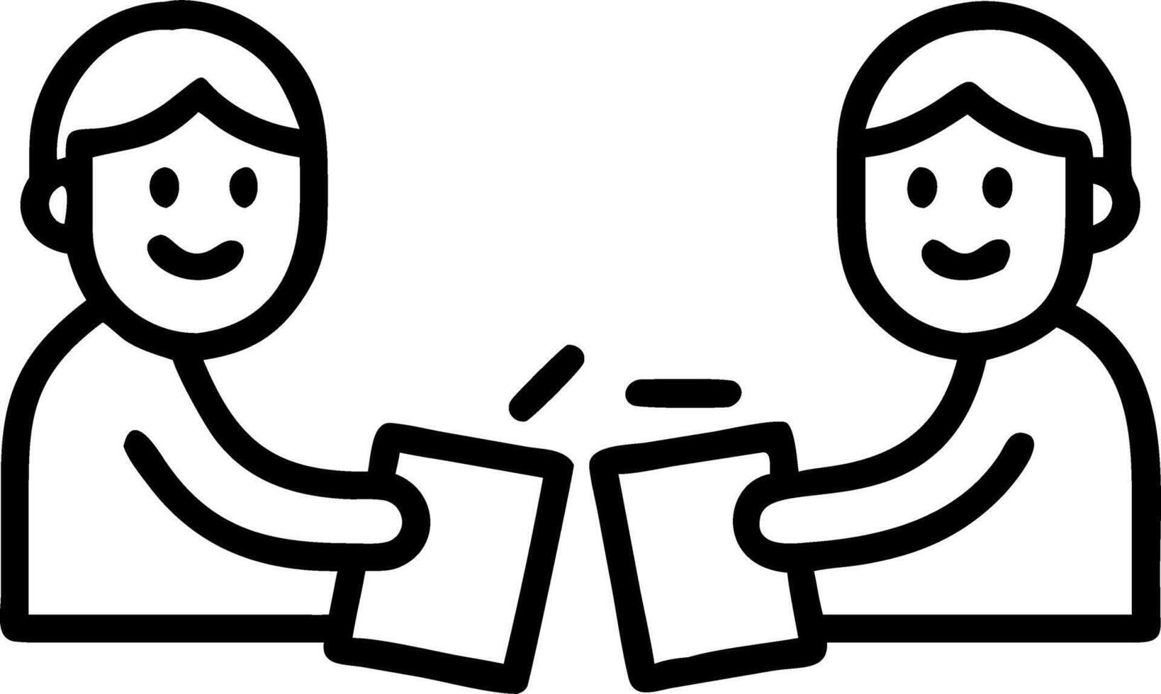 A businessman and businesswoman sealing a deal by exchanging documents over a desk with smiling faces isolated on white vector