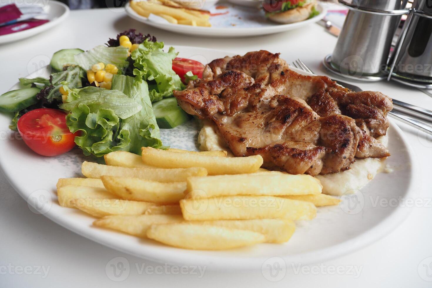 Delicious Grilled Chicken served with Crispy Fries and a Fresh Salad photo