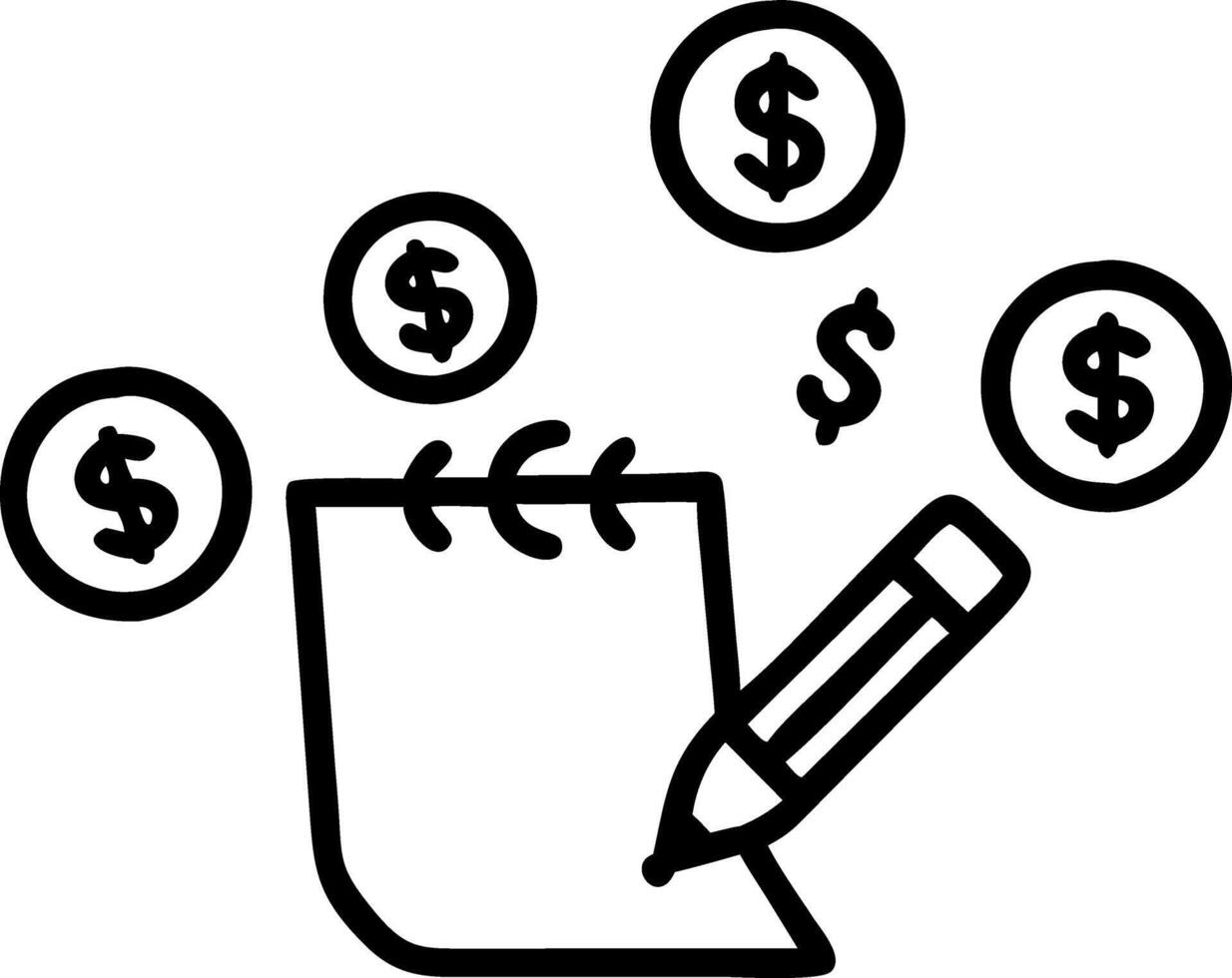 Businesswoman writing on a notepad with floating financial icons vector