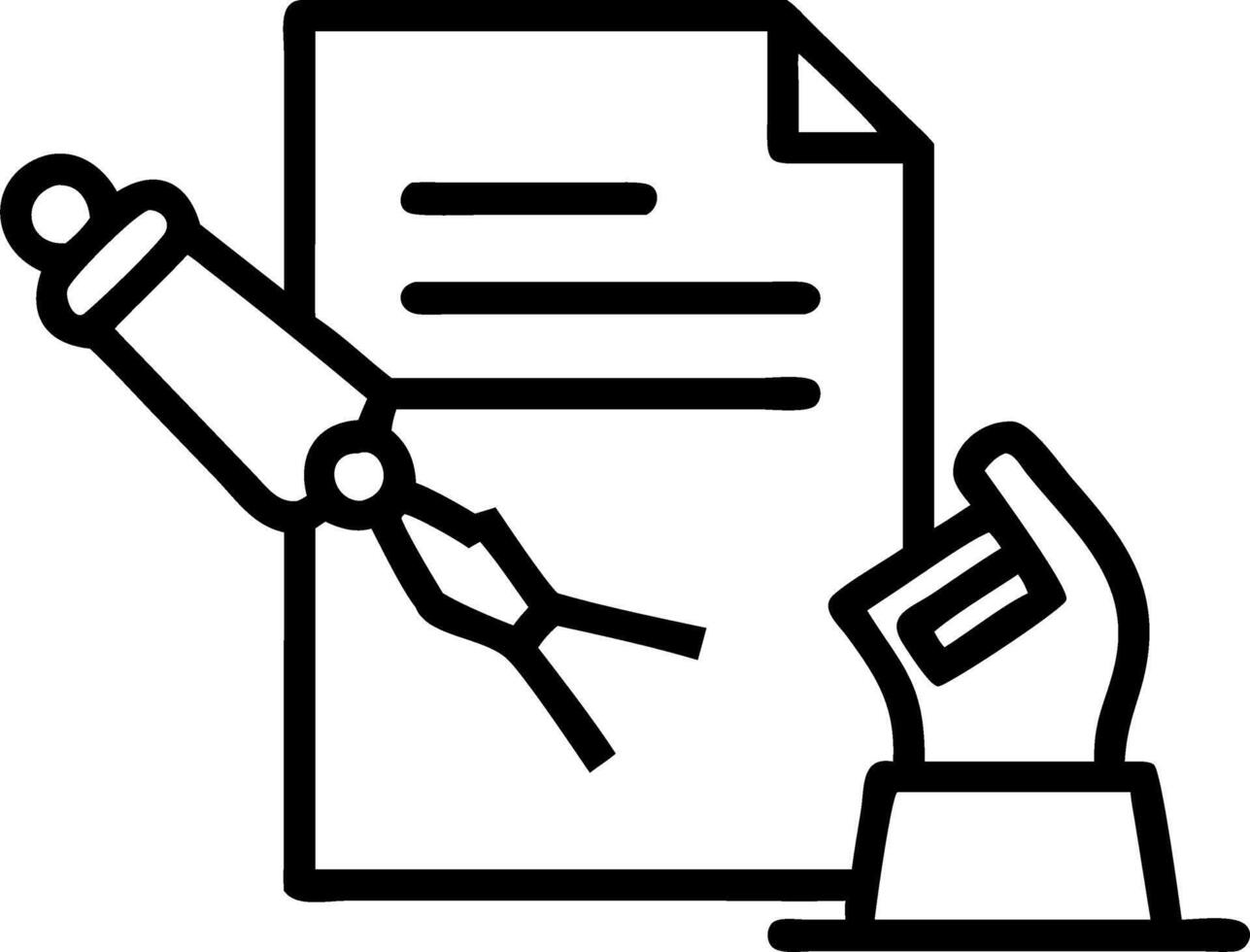 Close up of a futuristic glowing contract being reviewed by a robotic hand vector