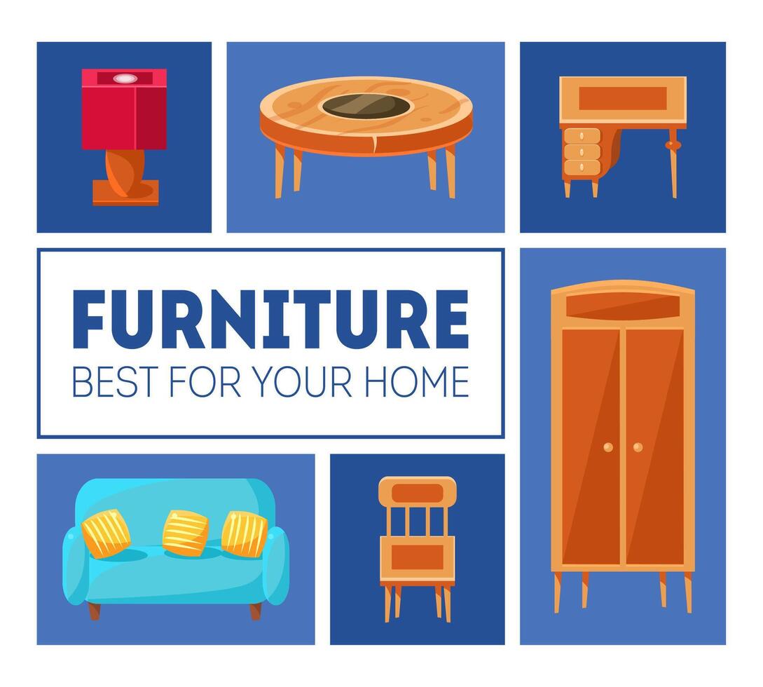 Furniture Banner Template, Best for Your Home, Interior Poster with Living Room Furniture, Illustration vector