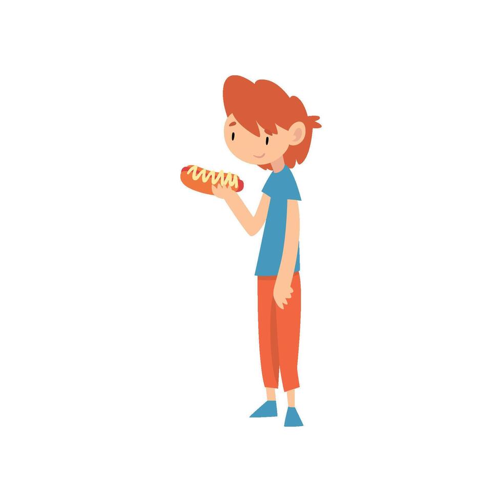 Cute Boy Holding Hotdog, Child Enjoying Eating of Fast Food Illustration vector
