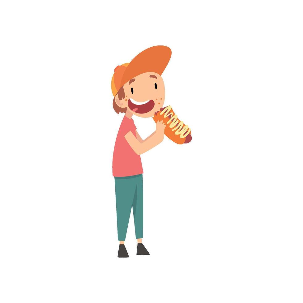 Cute Boy Eating Hotdog, Child Enjoying Eating of Fast Food Illustration vector