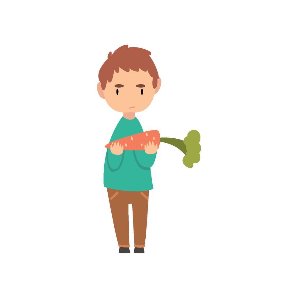Cute Boy Does Not Want to Eat Carrot, Child Does Not Like Healthy Food Illustration Illustration vector