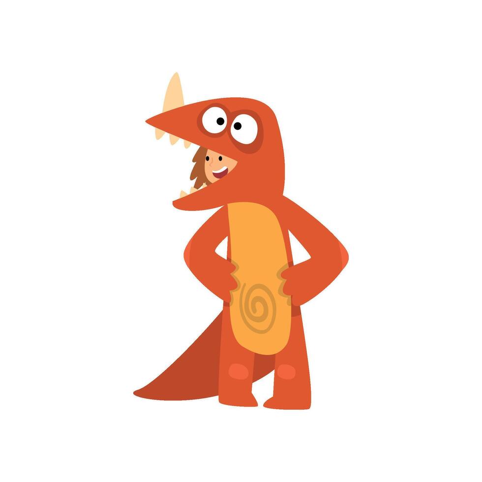 Cute Boy Wearing Funny Dragon Costume, Kid Dressed for Carnival or Masquerade Party Illustration vector