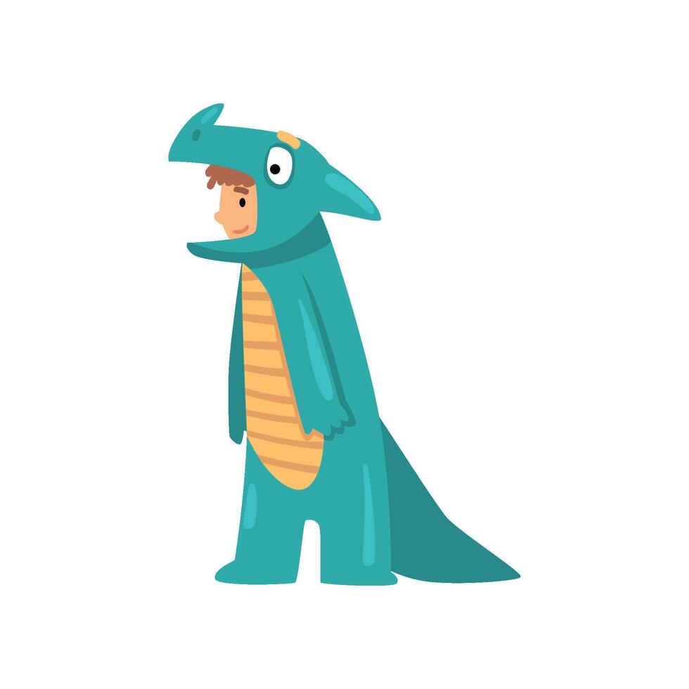 Cute Boy in Dino Costume, Kid Dressed for Carnival or Masquerade Party Illustration vector