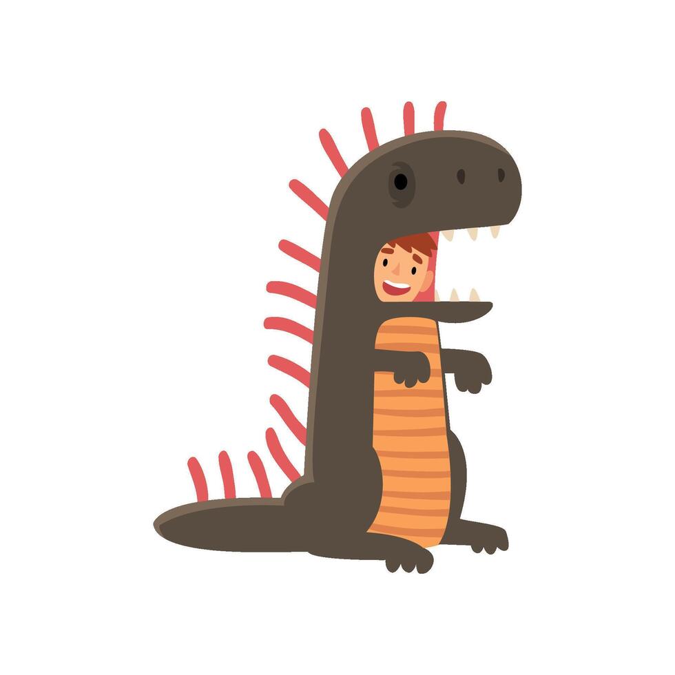 Happy Smiling Boy in Dinosaur Costume, Kid Dressed for Carnival or Masquerade Party Illustration vector