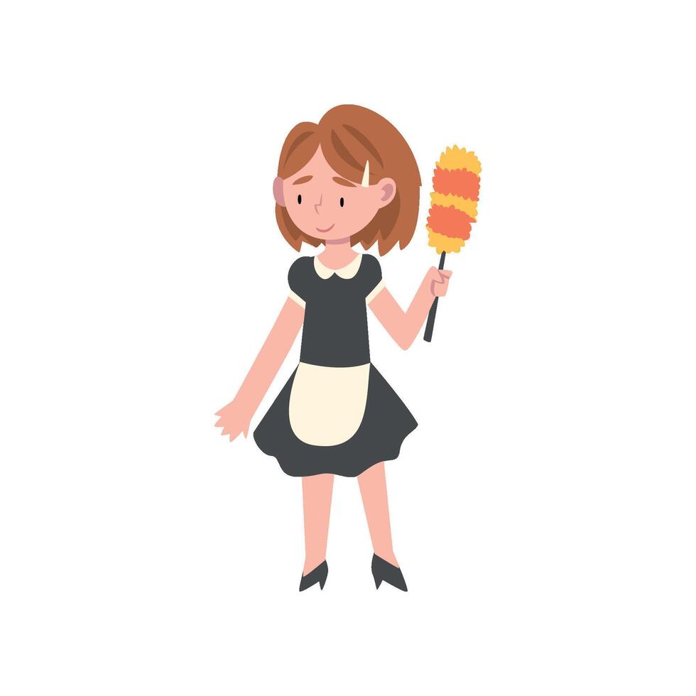 Cute Girl Dressed as Maid, Kids Future Profession, Girl Housemaid Character Wearing Classic Uniform with Black Dress and White Apron Illustration vector