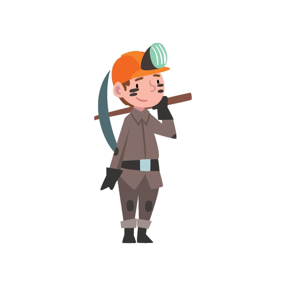 Cute Boy Dressed as Miner, Kids Future Profession, Boy in Uniform and Hard Hat with Pickaxe Illustration vector