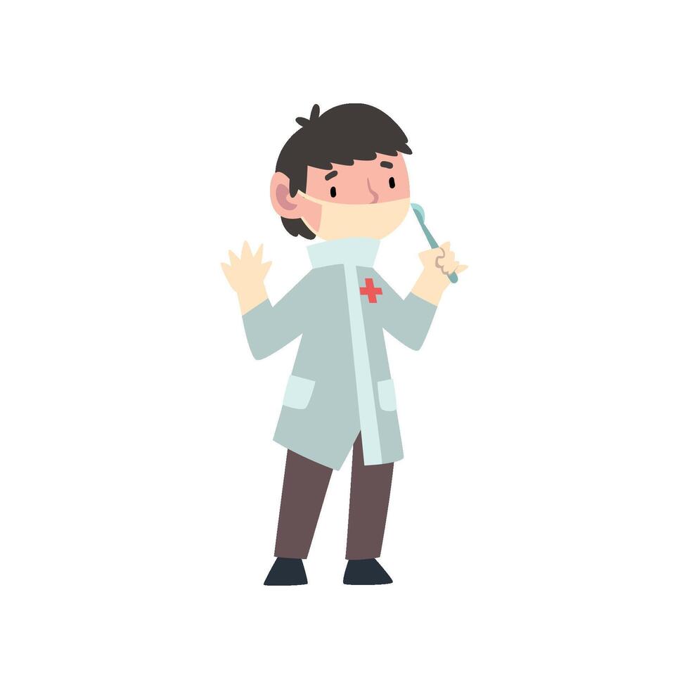 Cute Boy Dressed as Surgeon Doctor, Kids Future Profession, Boy in White Coat Standing with Scalpel Illustration vector
