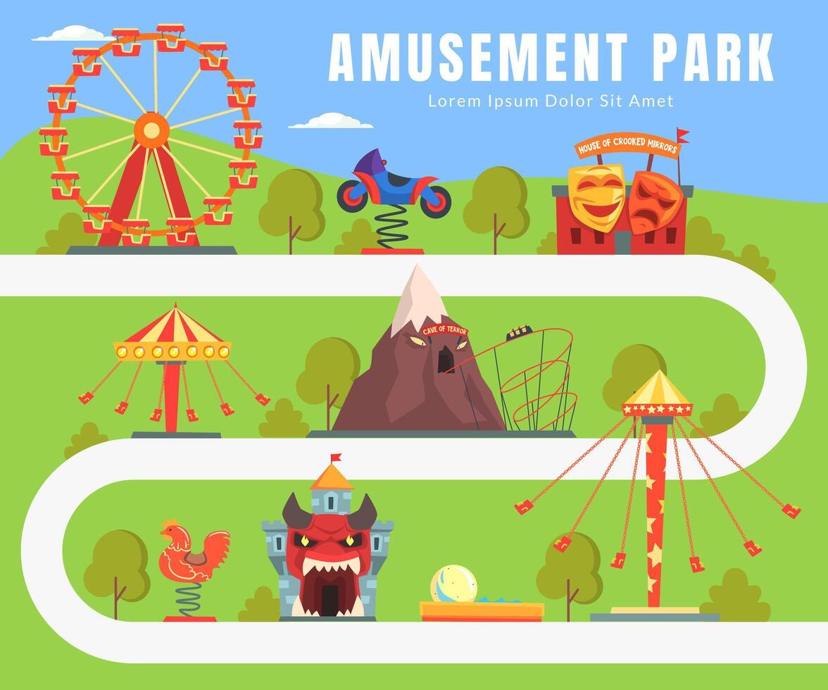 Map of Amusement Park, Summer Landscape, Attractions, Castle, Ferris Wheel, Seesaw Illustration vector