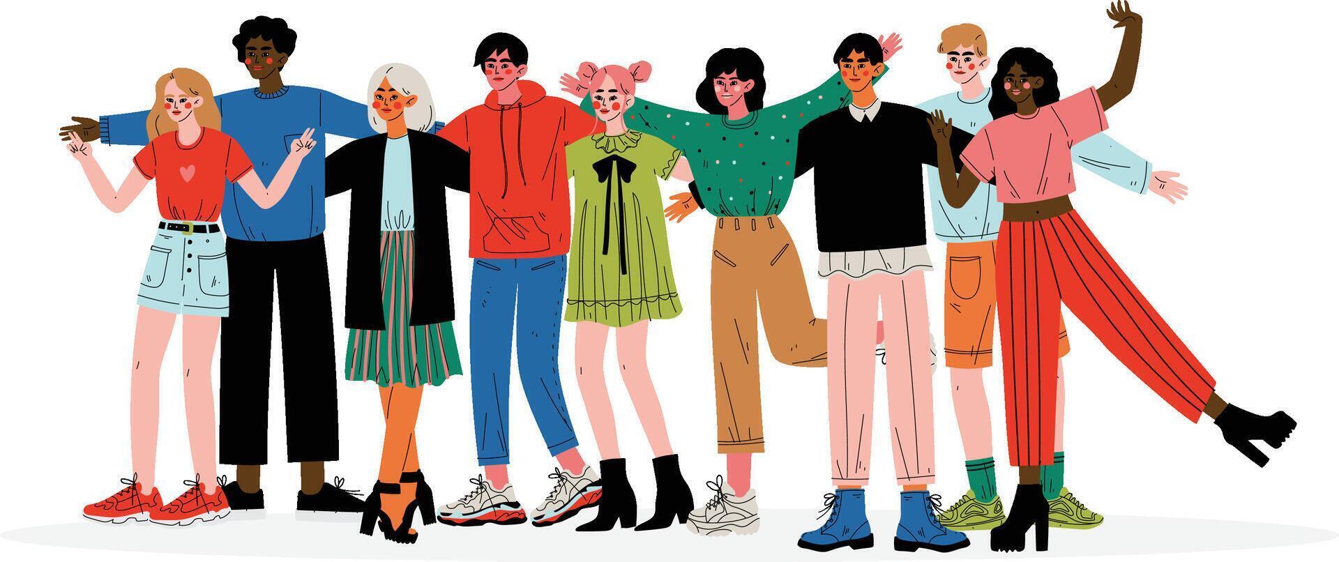 Group of Young People Hugging, Male and Female Friends of Different Nationalities Standing Together Illustration vector