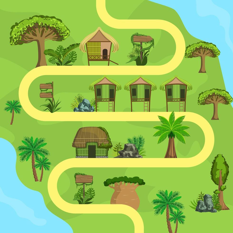 Map of Tropical Island with Bungalows, Top view, Summer Travel, Beach Resort Illustration vector