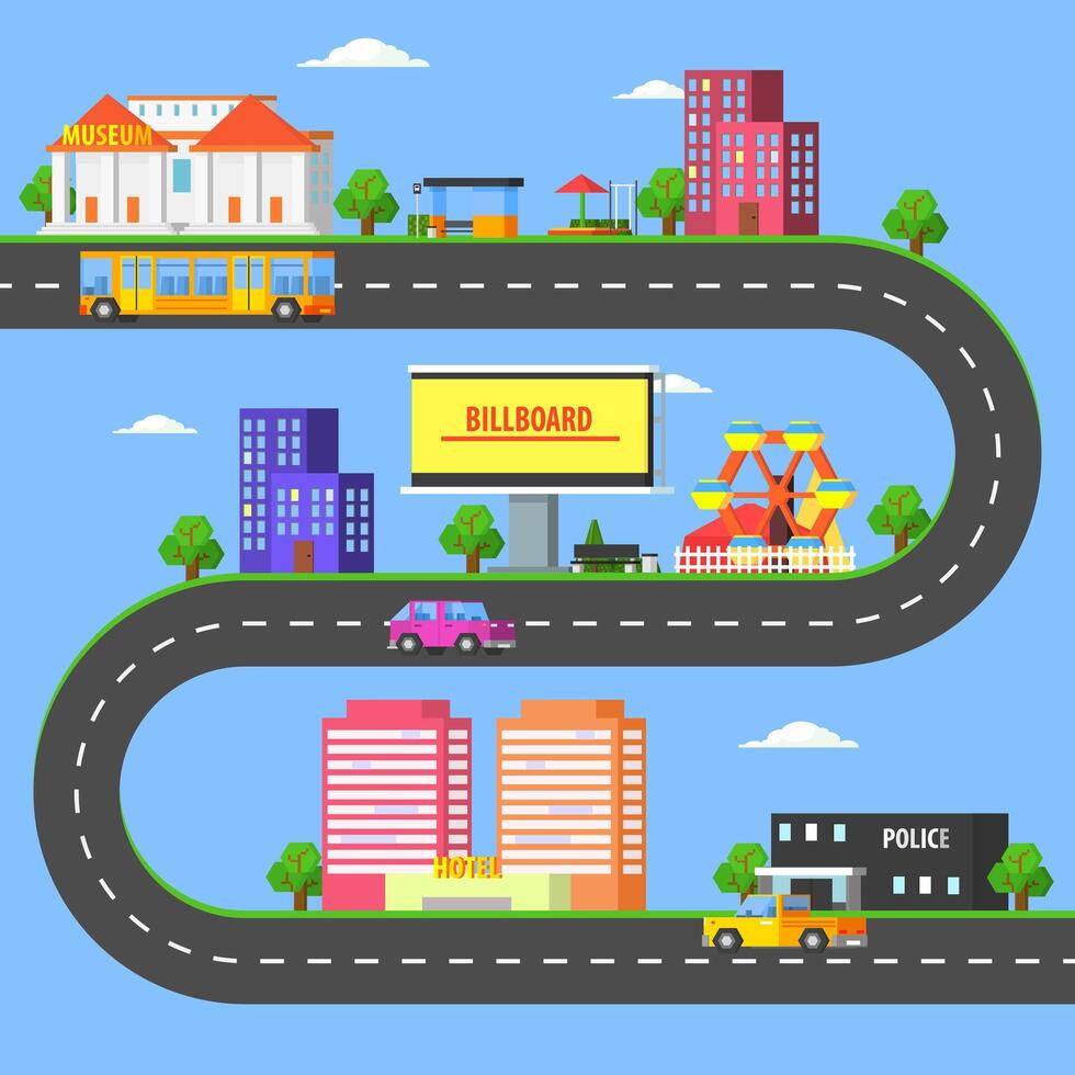 Map of Small Town Part, Summer Urban Landscape with Roads, City Transport and Public Buildings Illustration vector