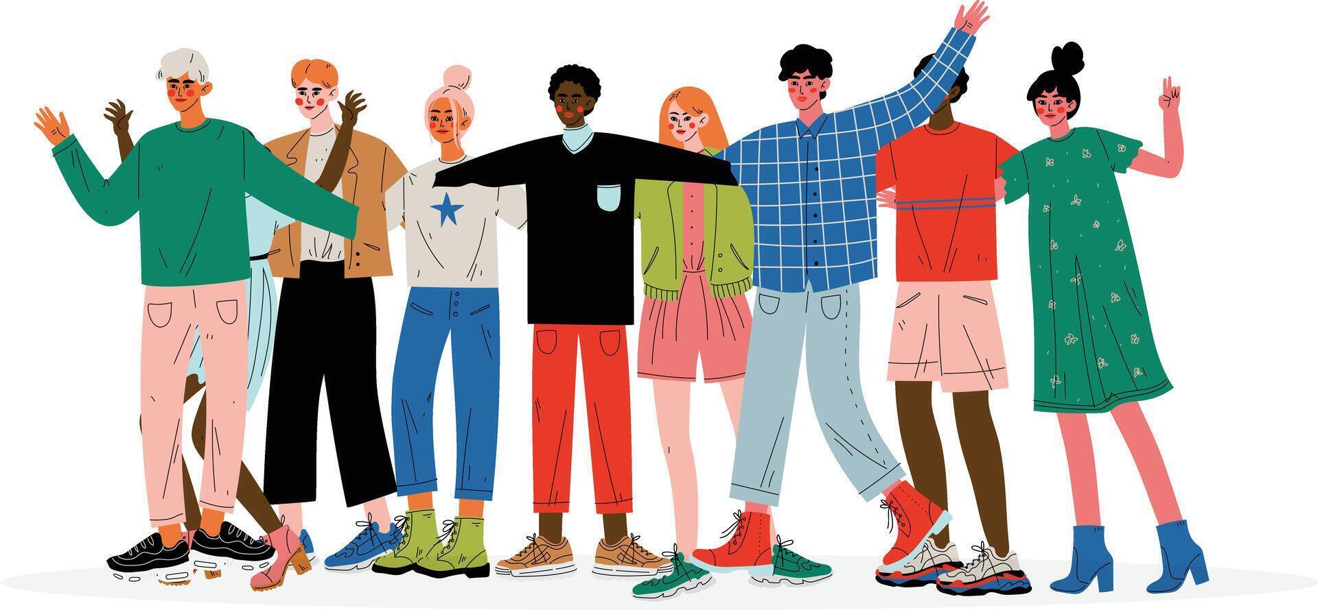 Group of People Hugging, Male and Female Friends of Different Nationalities Standing Together Celebrating Event Illustration vector