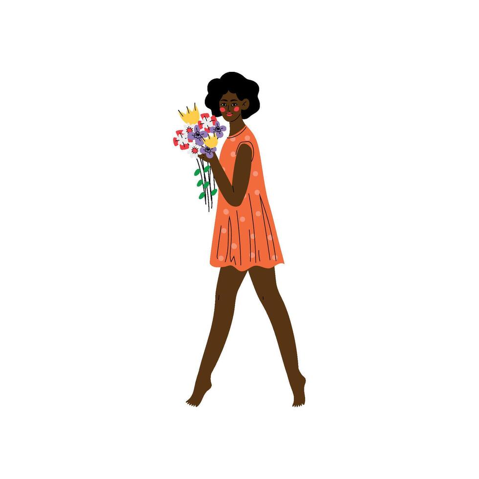 Beautiful African American Girl Walking with Bouquet of Flowers Illustration vector
