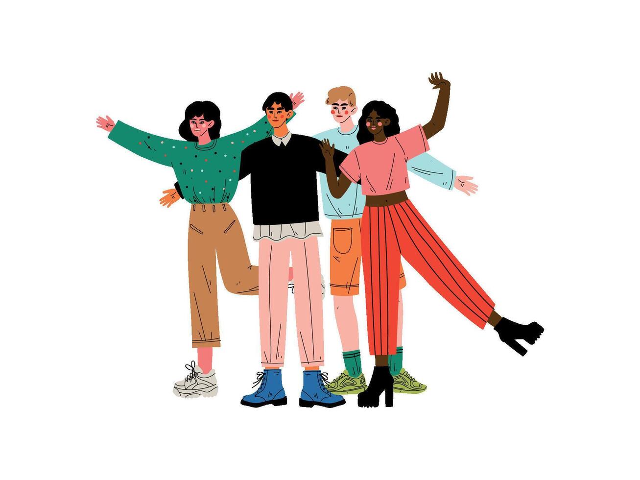 Group of Happy People Hugging, Girls and Guys Standing Together Celebrating Event Illustration vector