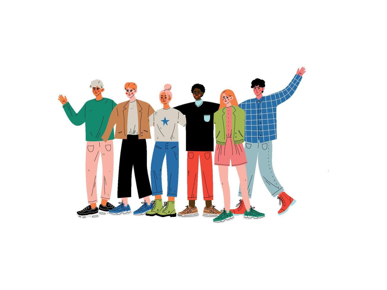 Group of People Hugging, Young Men and Women of Different Nationalities Standing Together Celebrating Event Illustration vector
