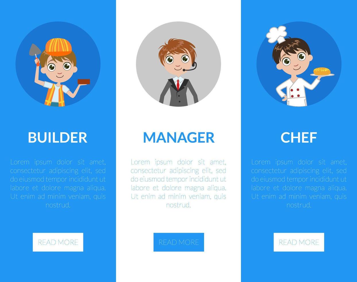 Kids of Different Professions Set, Builder, Manager, Chef Vertical Banners, Landing Page Templates, Kindergarten Career Day Illustration vector
