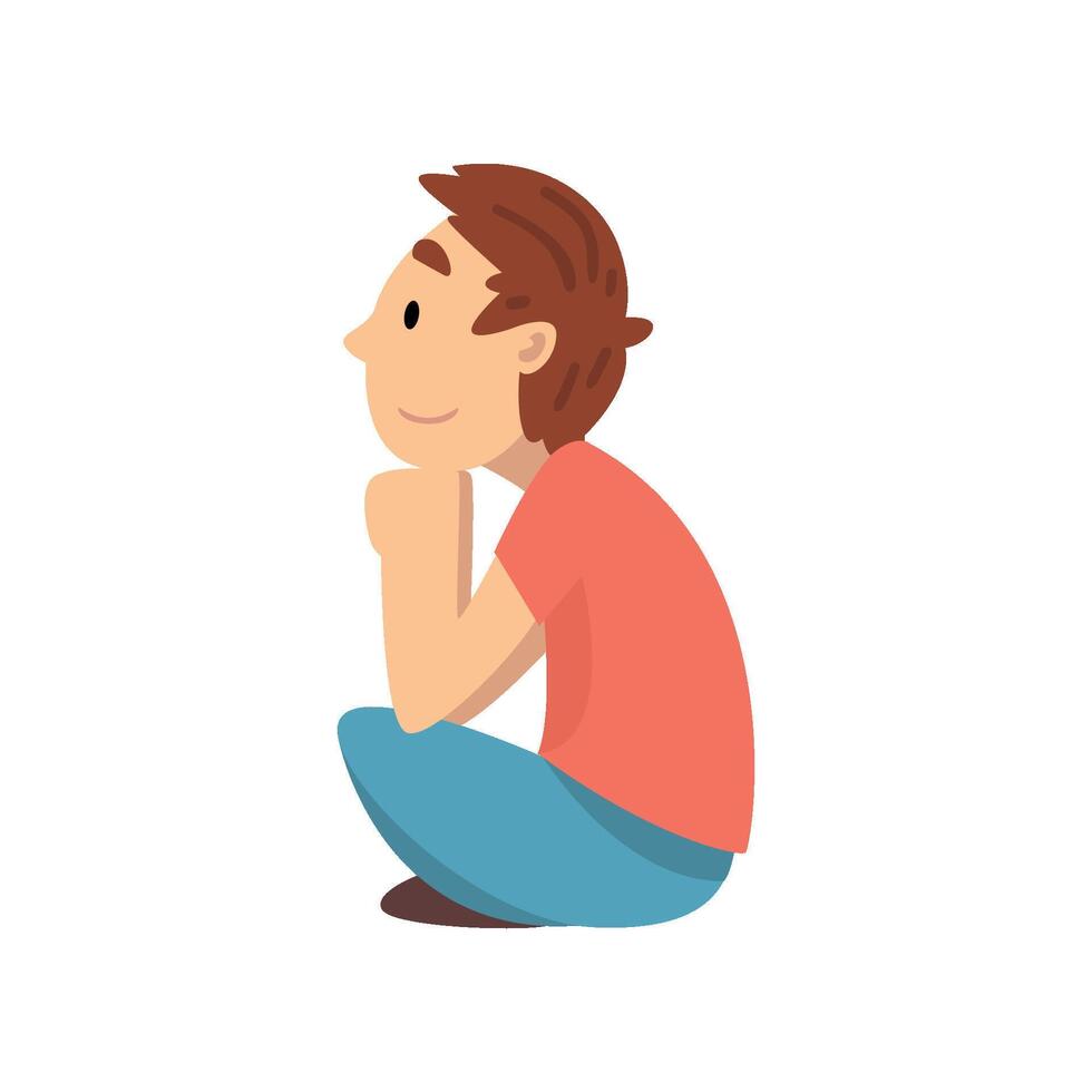 Cute Boy Sitting on Floor and Listening, Little Preschool Kid Character , Side View Illustration vector
