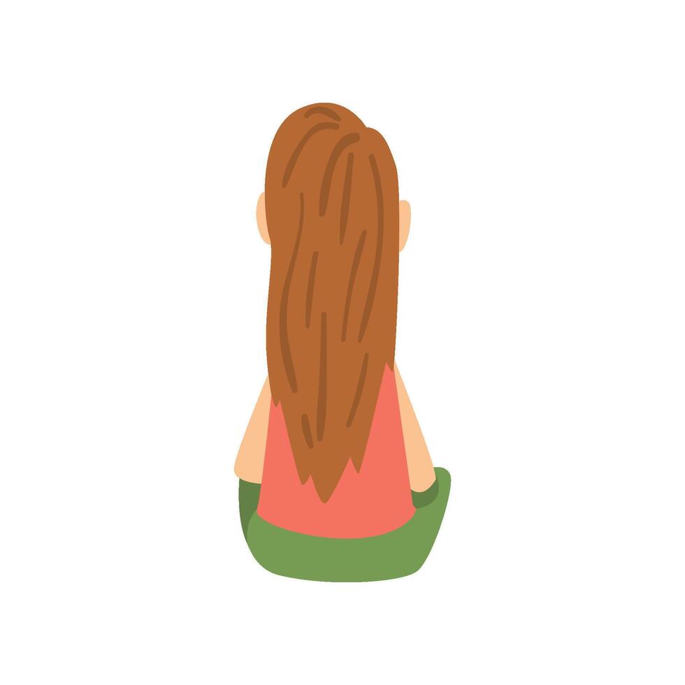 Cute Girl with Long Hair Sitting on Floor, Little Preschool Kid Character, View From Behind Illustration vector