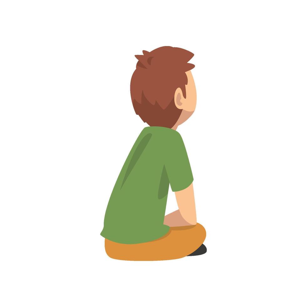 Cute Boy in Green T-Shirt Sitting on Floor and Listening, Little Preschool Kid Character, Side View Illustration vector