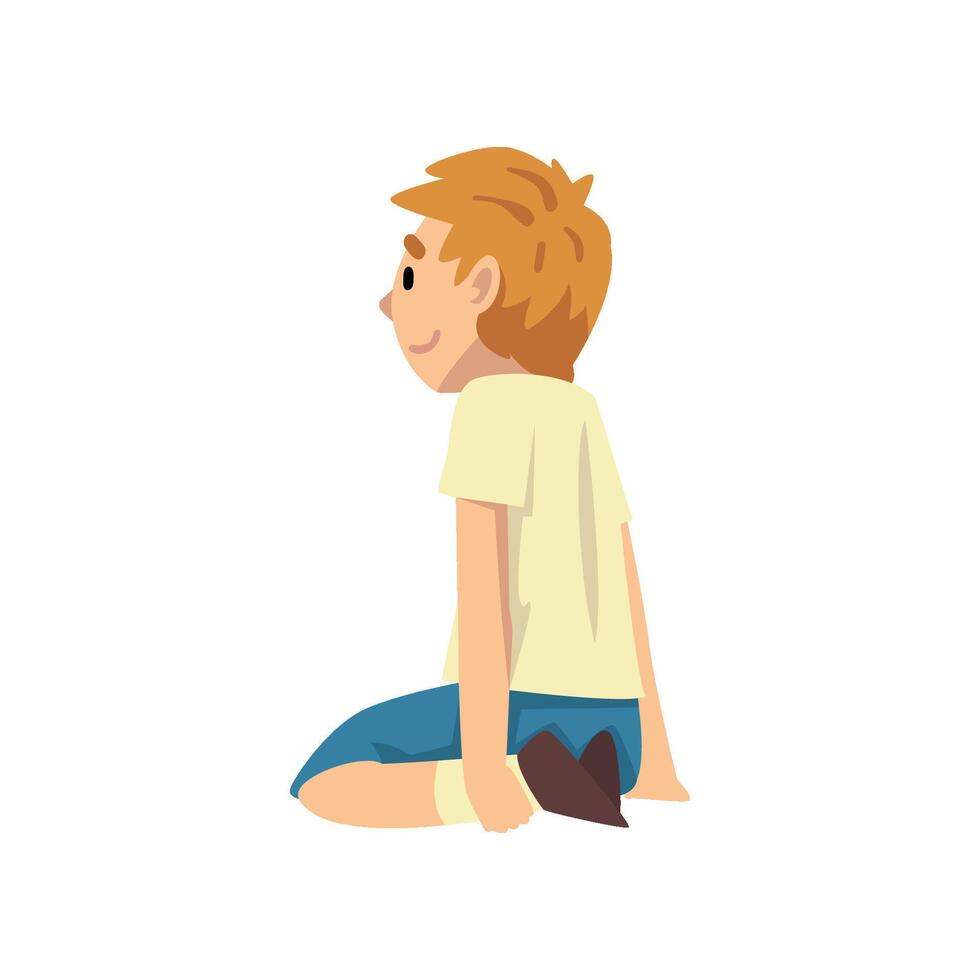 Cute Boy Sitting on Floor on Her Knees, Little Preschool Kid Character Illustration vector