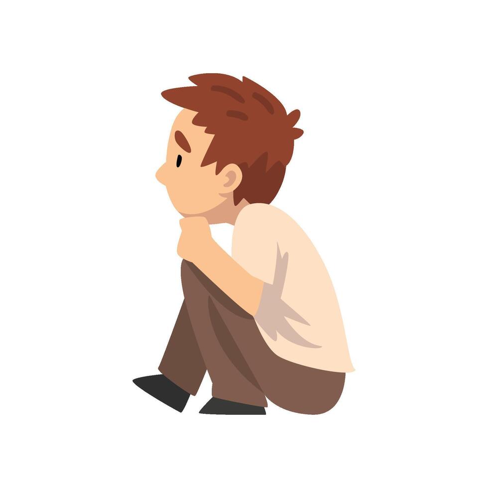 Boy Sitting on Floor and Listening, Little Preschool Kid Character , Side View Illustration vector