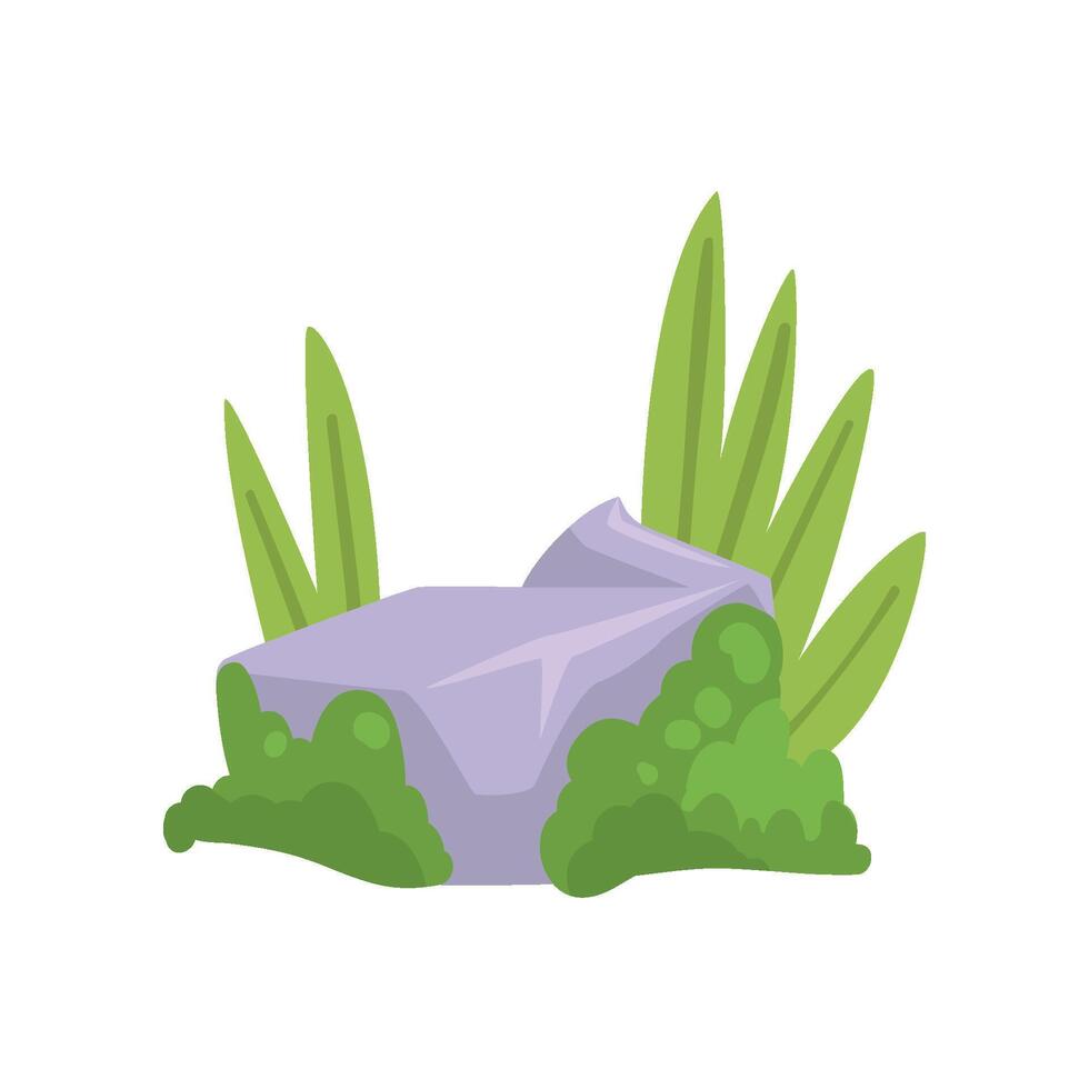 Rock Gray Stone with Moss and Green Grass, Natural Landscape Design Element Illustration vector