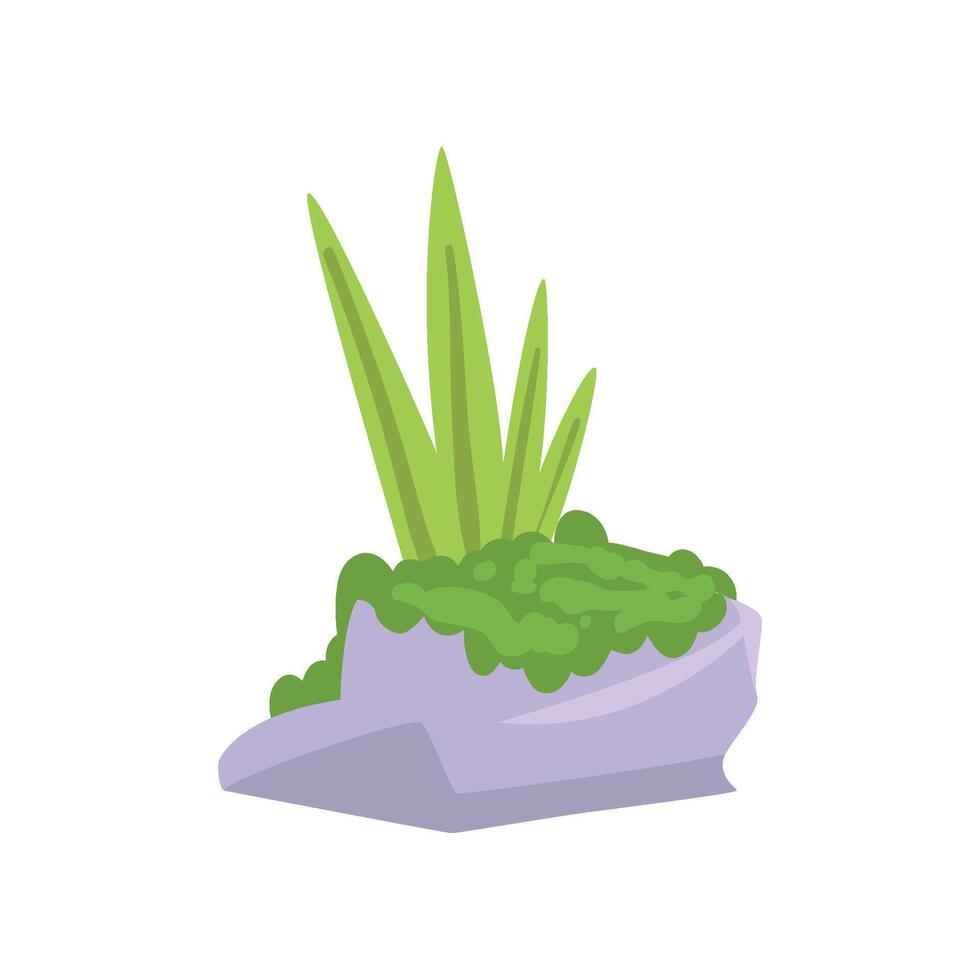 Rock Gray Granite Stone with Moss and Green Grass, Natural Landscape Design Element Illustration vector