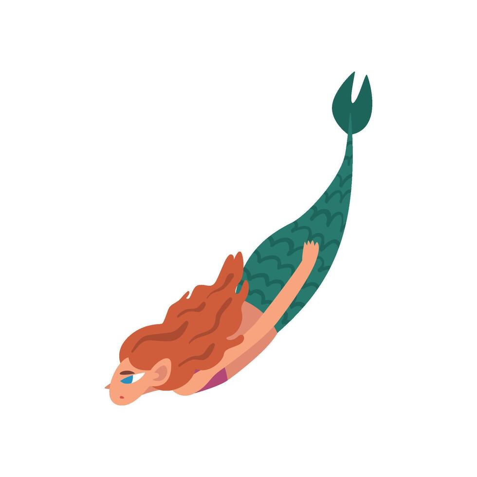 Cute Little Red Haired Mermaid Swimming in Sea, Fairytale Mythical Creature Cartoon Character Illustration vector