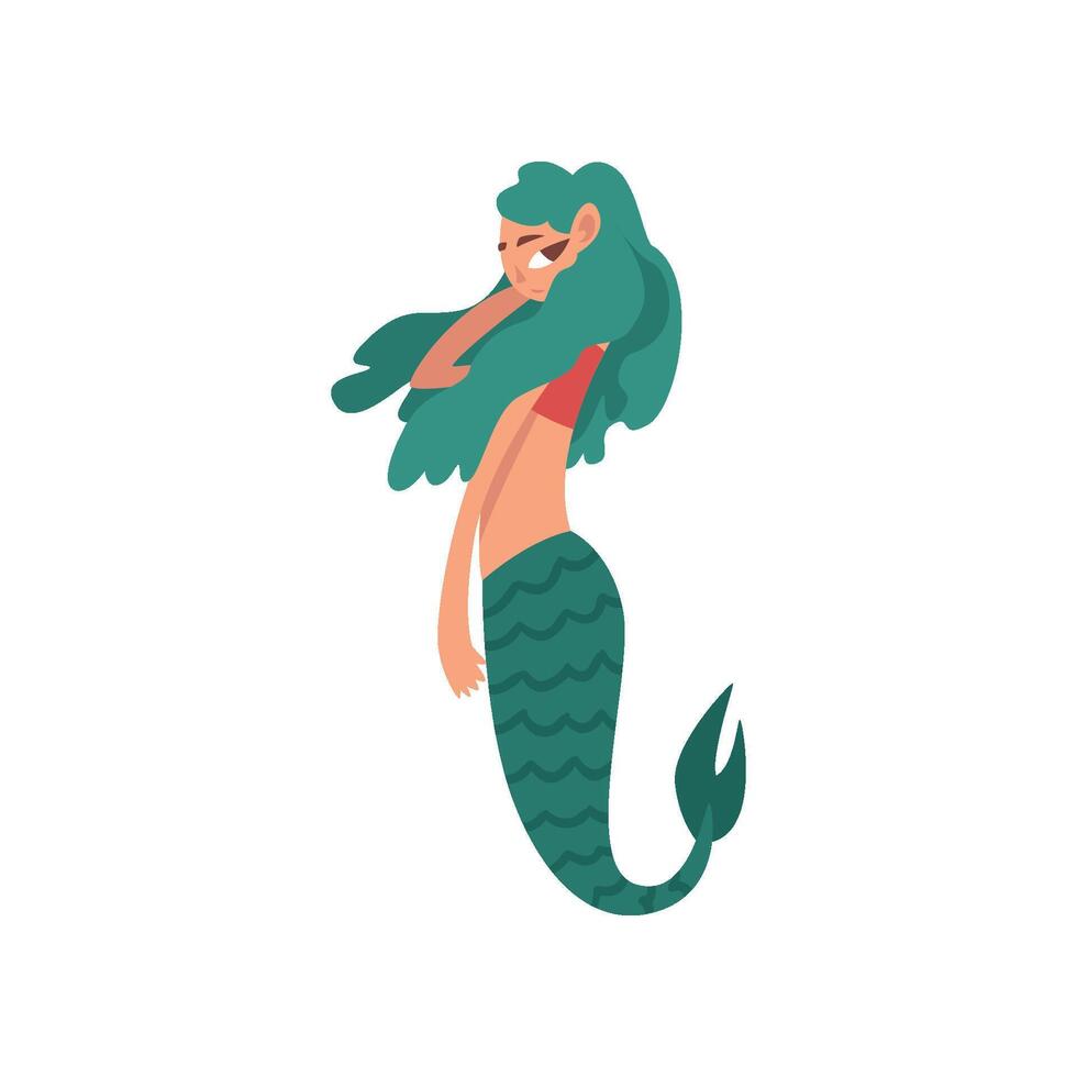 Cute Little Green Haired Mermaid, Fairytale Mythical Creature Cartoon Character Illustration vector