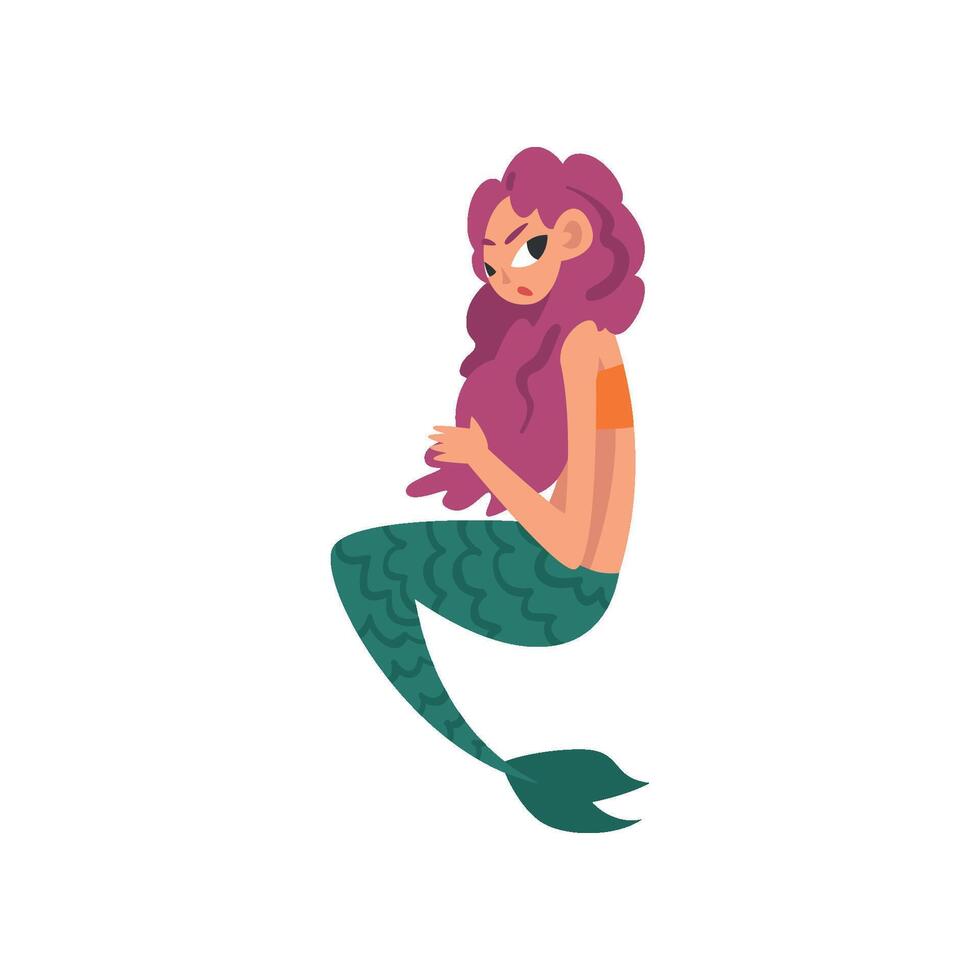 Cute Little Mermaid with Purple Hair, Fairytale Mythical Creature Cartoon Character Illustration vector