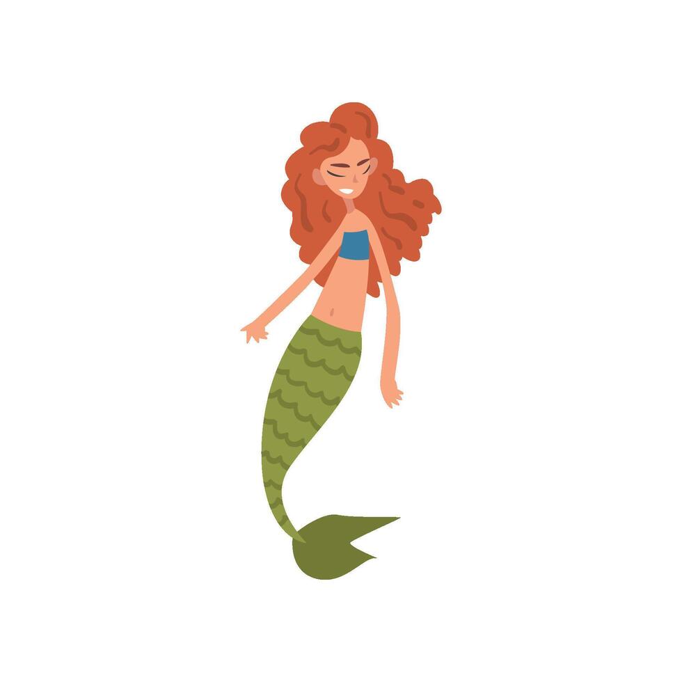 Cute Little Red Haired Mermaid with Green Tail, Fairytale Mythical Creature Cartoon Character Illustration vector