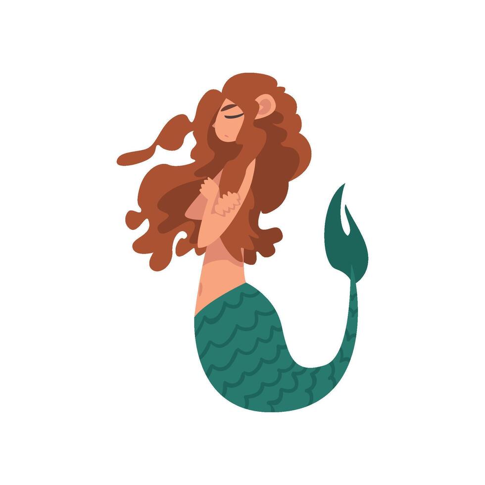 Cute Little Mermaid Swimming with Folded Hands, Fairytale Mythical Creature Cartoon Character Illustration vector