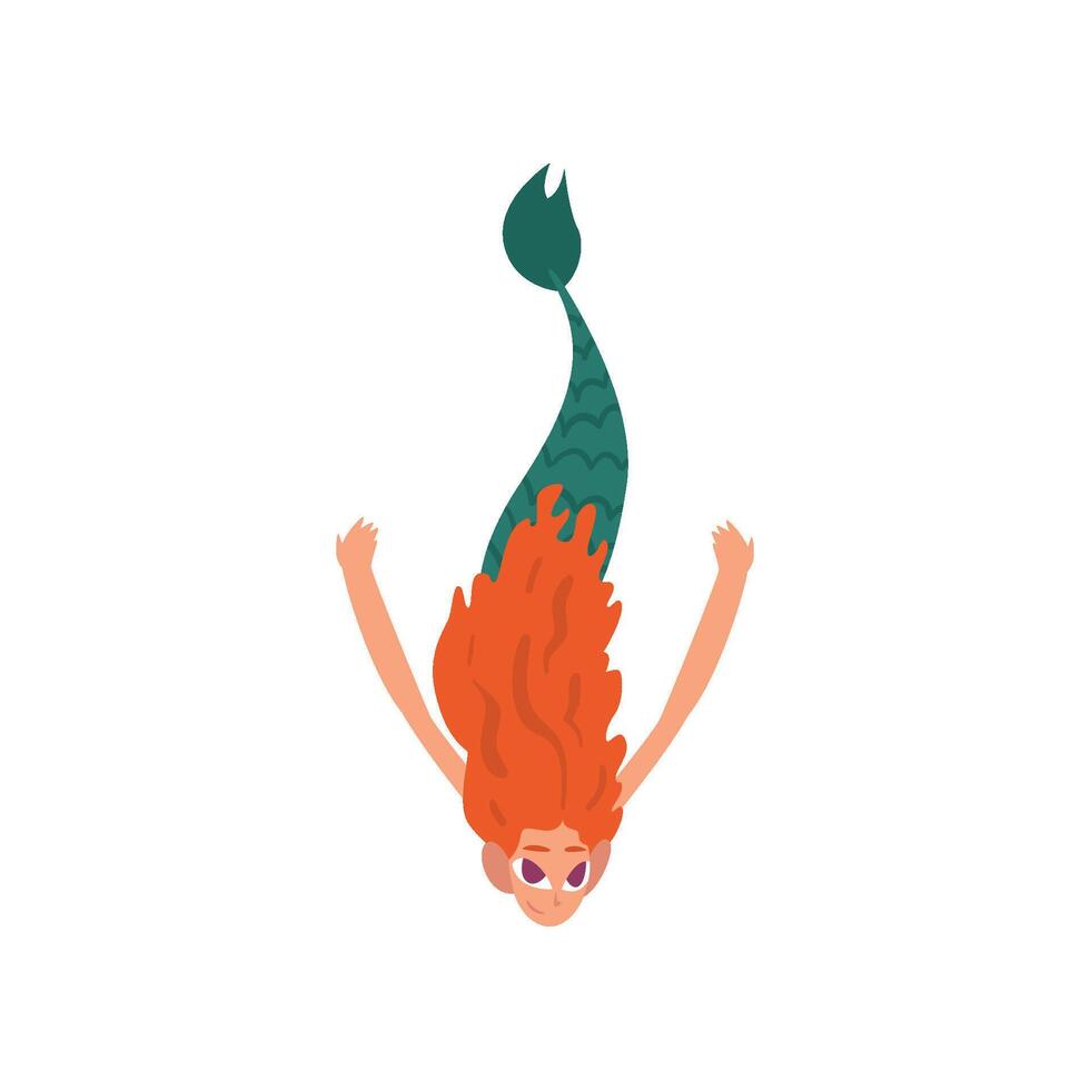 Cute Funny Little Red Haired Mermaid Swimming in Sea, Fairytale Mythical Creature Cartoon Character Illustration vector