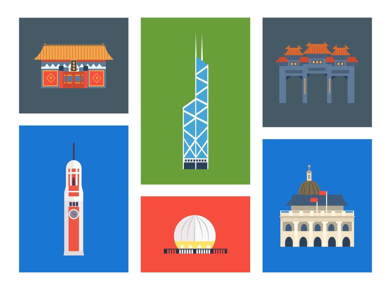 Hong Kong City Landmarks Set, Chinese Cultural Elements Illustration vector