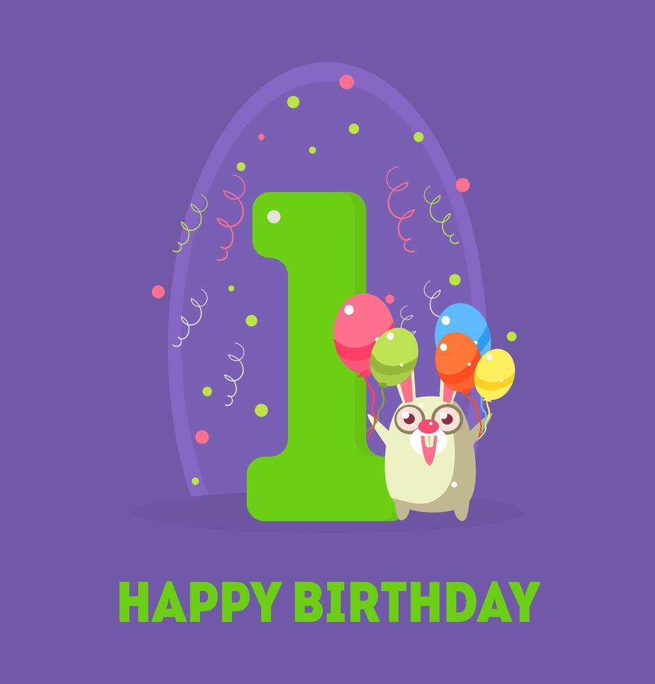 Happy Birthday 1 Years Banner Template, Birthday Anniversary Number Bright Festive Illustration with Cute Animal vector