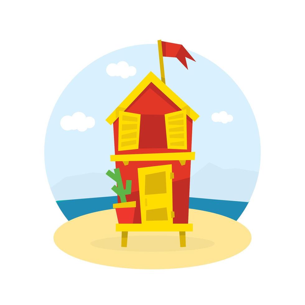 Wooden Bungalow with Flag on Tropical Coast of Sea, Seaside Holiday Illustration vector