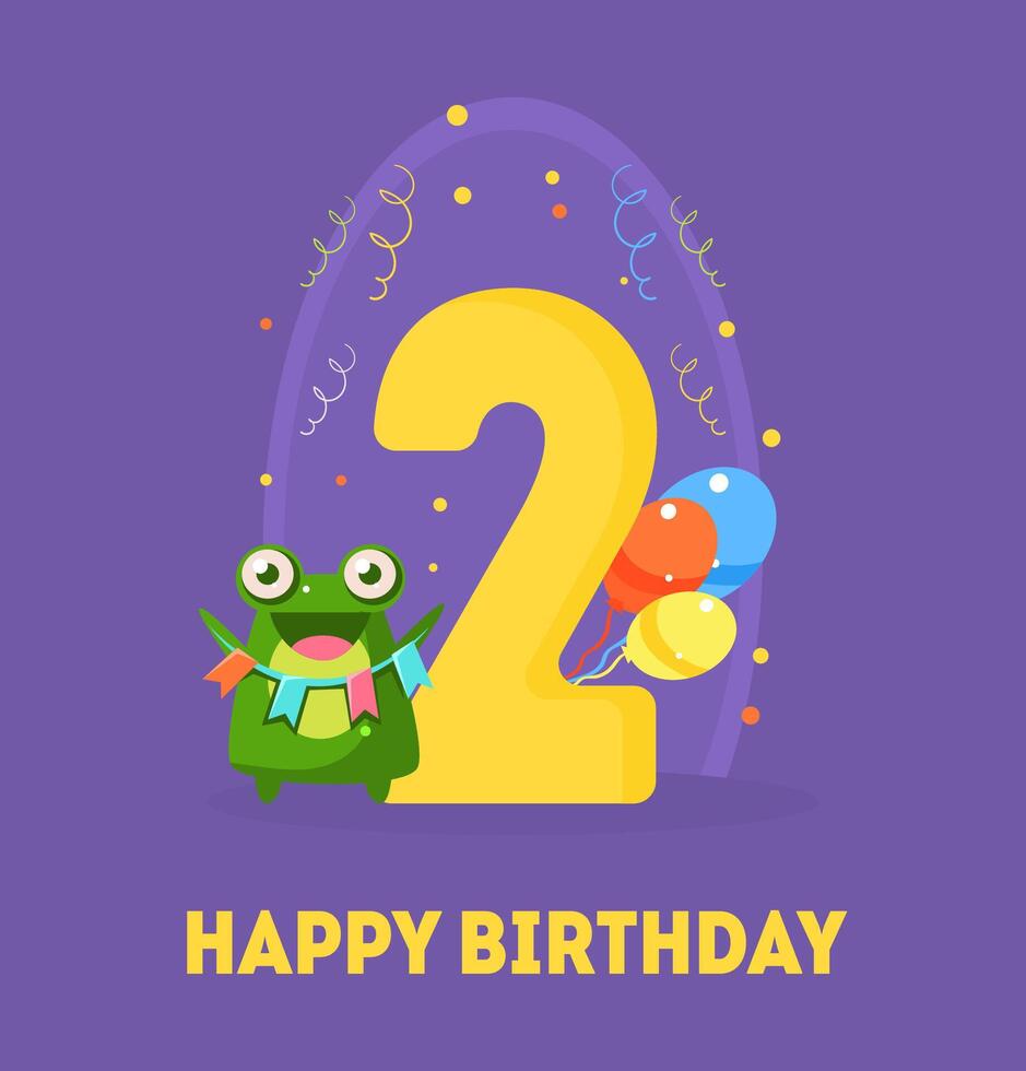 Happy Birthday 2 Years Banner Template, Birthday Anniversary Number Bright Festive Illustration with Cute Animal vector